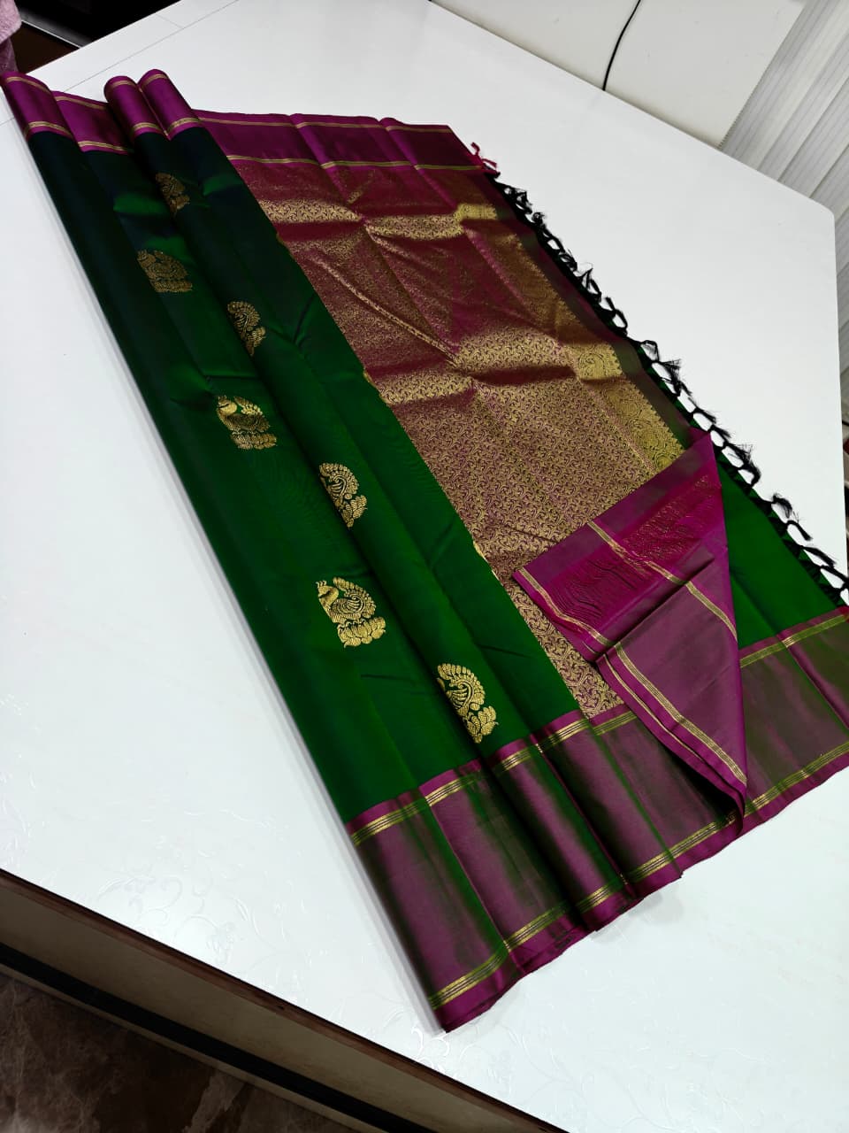 Emerald Green Traditional Silk Saree with Rich Magenta Zari Border Design